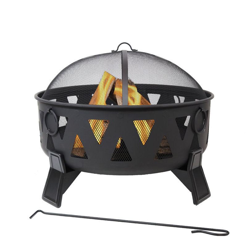 34" Round Wood-Burning Fire Pit Black Finish Steel Fire Pit with Stripe Cutouts