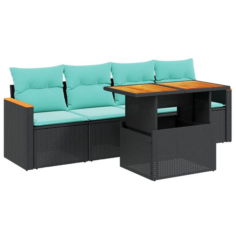  Ensemble de canapé de patio 5 pièces avec coussins en rotin de polyester, Noir, Vert