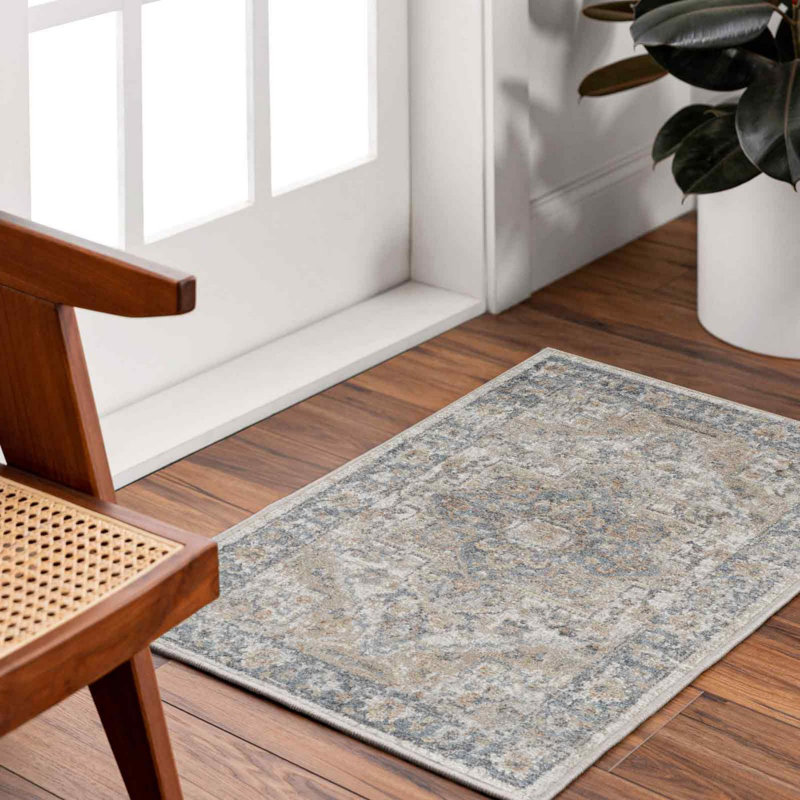 Traditional Washable Rug, Bordered Floral Anti-Slip Rug For Living Room, Dining Room, Bedroom, Rectangle 66 x 115 cm