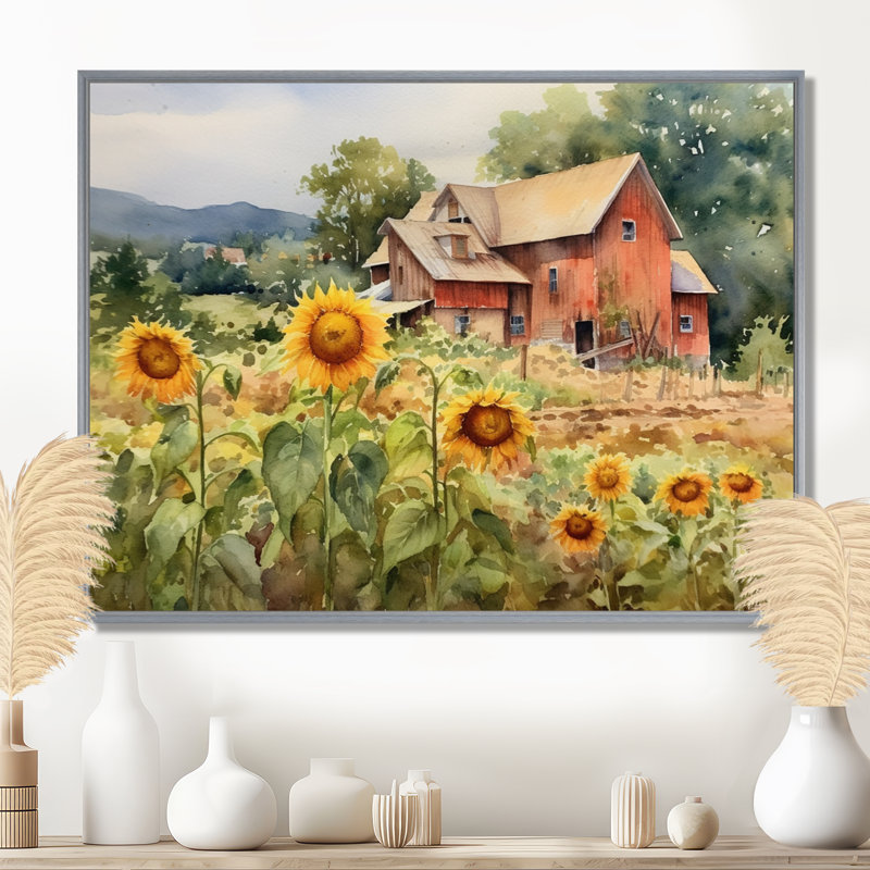 Tournesol doré à la ferme III - art mural floral, H 30 po x l 40 po x P 1,5 po, Encadrement argenté