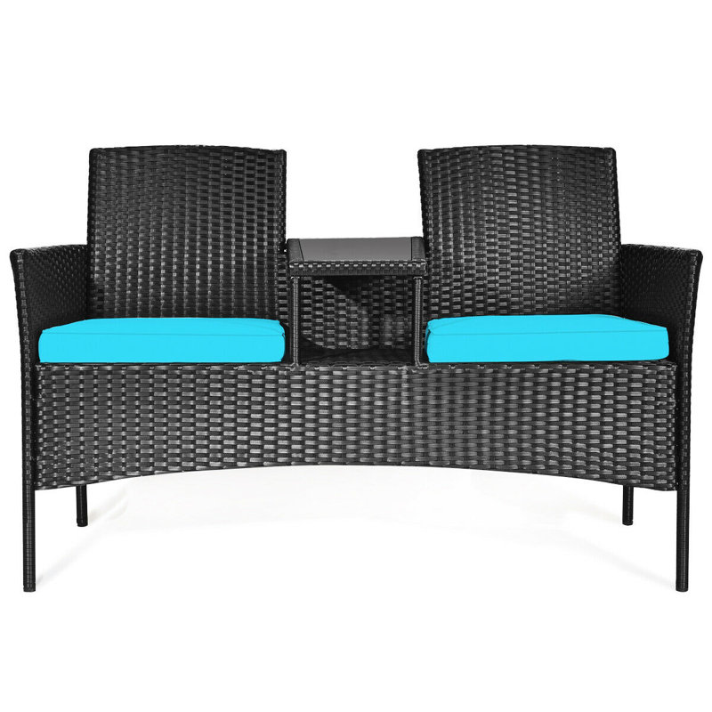 Outdoor Rattan 54.5'' Wide Conversation Furniture Set With Table, Blue