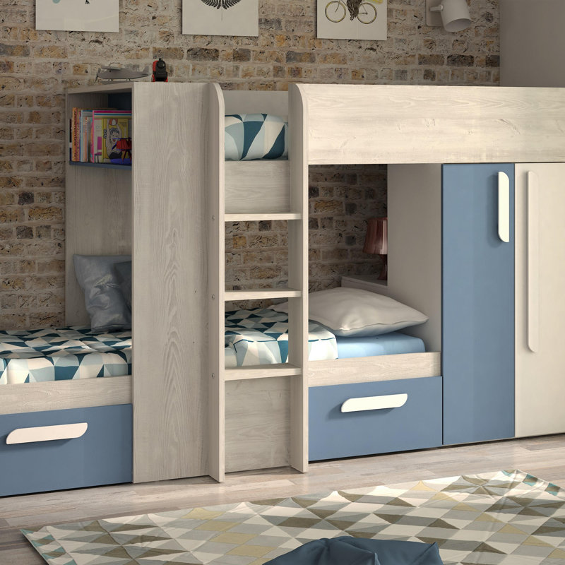 Suri European Single (90 x 200cm) 2 Drawer High Sleeper Bunk Bed with Bookcase, Grey/Blue