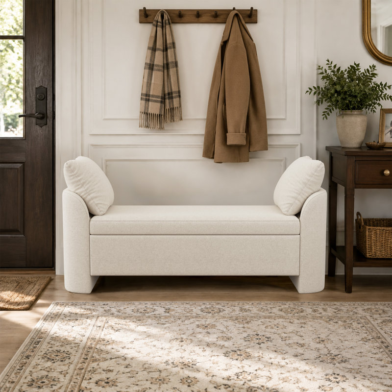 Banc de rangement moderne rembourré de 148 cm de large avec coussins, banc de chambre en chenille aux côtés incurvés pour chambre, entrée ou salon