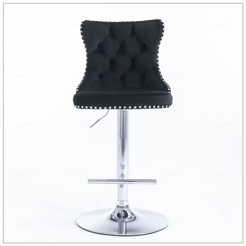 2PCS Velvet Swivel Tufted Back Barstools With Metal Silver Base, Black