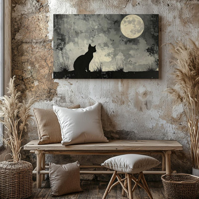 Chat noir et pleine lune, nuit d'Halloween mystique, art sur toile, prêt à accrocher, décoration moderne