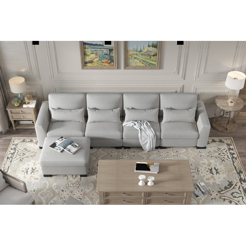 Canapé modulaire en L de 130 po avec repose-pieds avec rangement, Mélange de lin gris