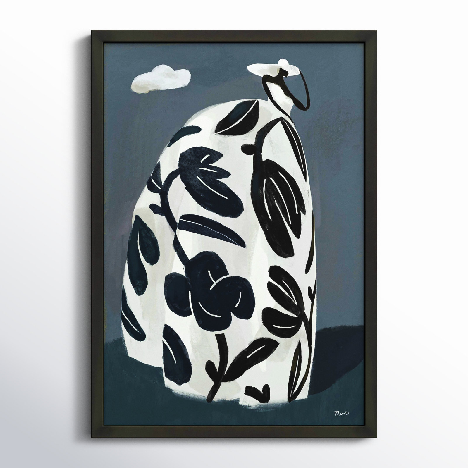 Black Dress Print by Marco Marella, Black Paper Framed, 25" H x 17.5" W x 1.25" D