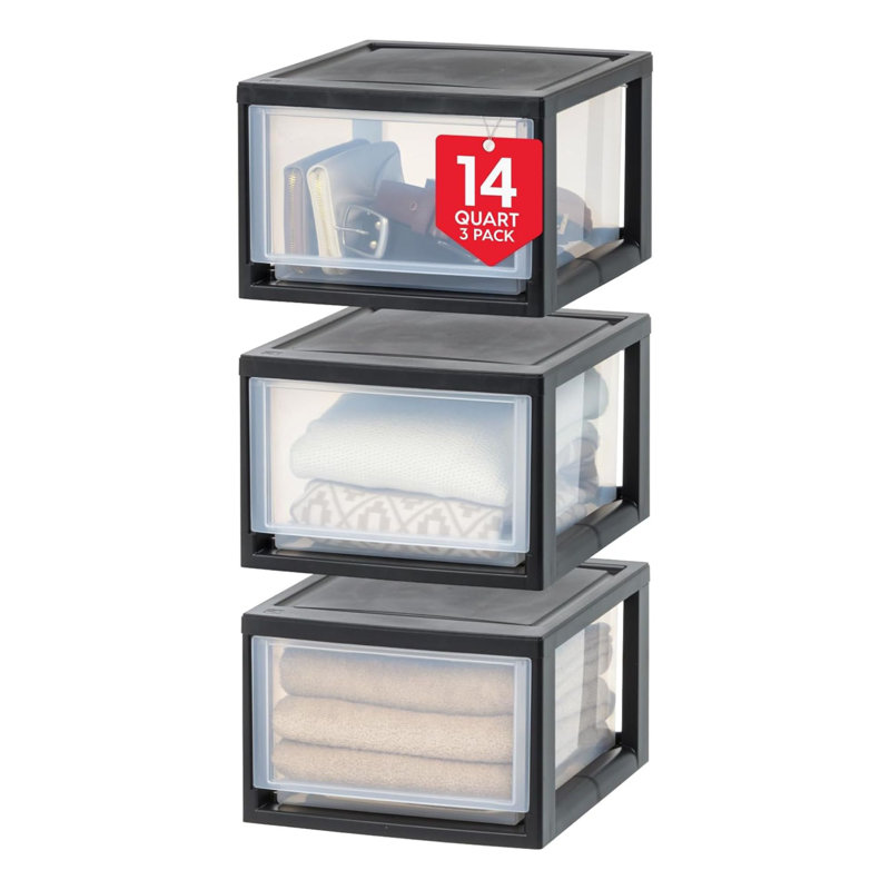  3 Pack 14.5 Qt Plastic Drawer Storage Organizer, Stackable Unit, Black