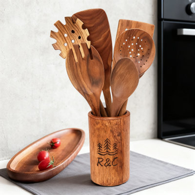 Ensemble d'ustensiles de cuisine en bois de teck 9 pièces avec support - cuillères anti-égratignures, spatules et crépine pour batterie de cuisine antiadhésive - Cadeau de cuisine en bois écologique et durable
