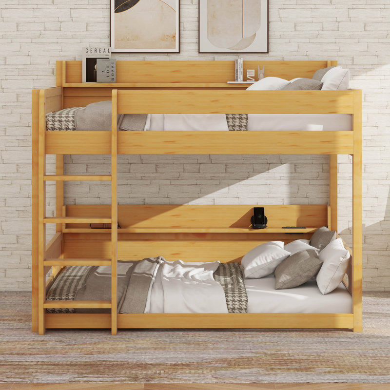 Lit superposé grand sur grand avec tablettes de rangement et ports USB, Bois naturel