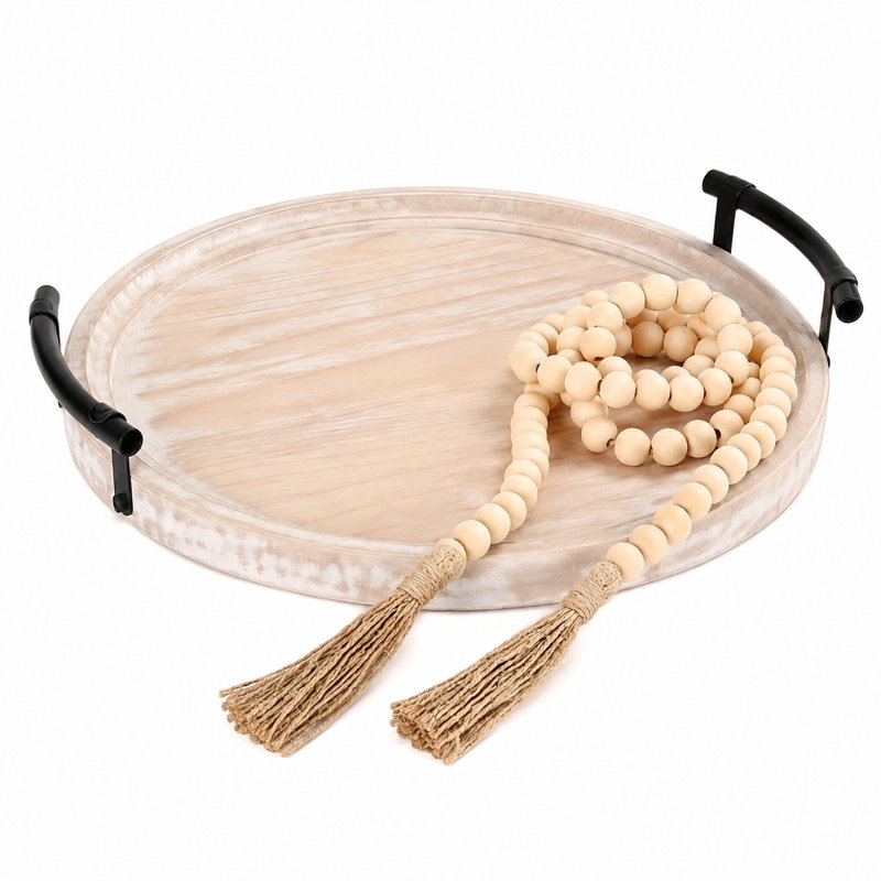 13" Round Decorative Wood Tray With Handles Whitewashed Farmhouse Home Decor