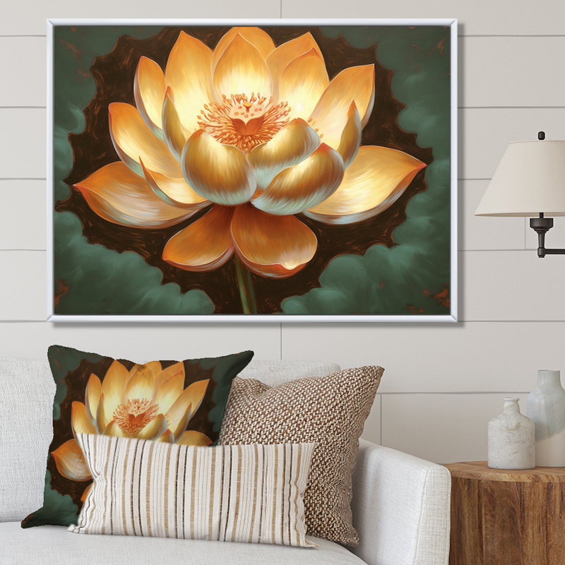 Golden Blooming Retro Lotus - impression, H 16 po x l 32 po x P 1 po, Cadre flottant blanc