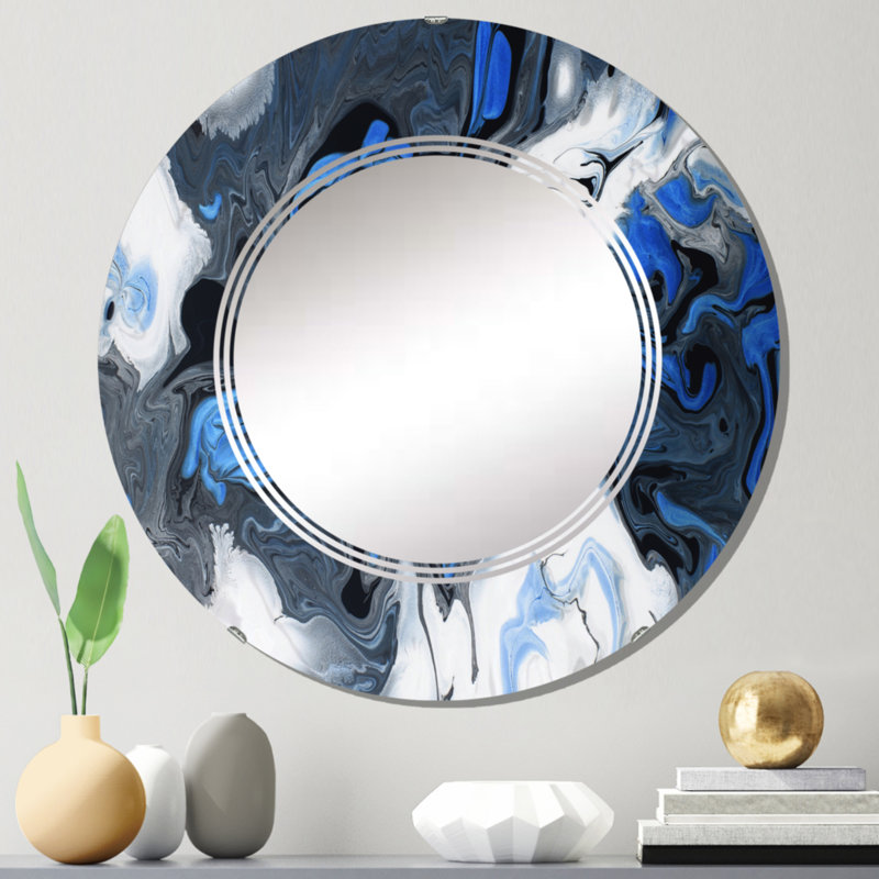 Miroir mural bleu, art liquide sur fond blanc et noir, 24 po x 24 po