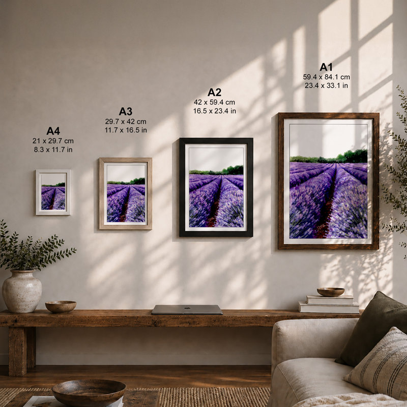 Lavender Fields at Horizon Landscape - Framed Print, A2 - 59.4 x 42.0 cm, White