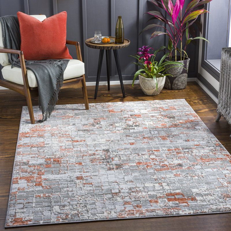 Tapis abstrait gris / orange Kollman, Rectangle 6 pi 7 po x 9 pi