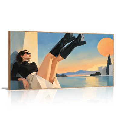 Woman in Black Boots by Sunset Pool Canvas Wall Art