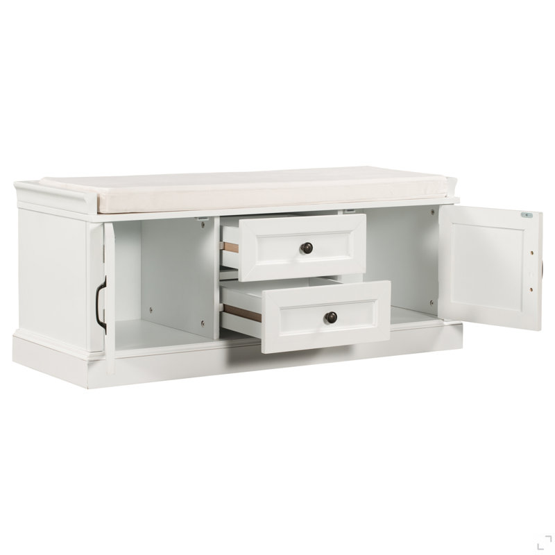 Banc de rangement avec 2 tiroirs et 2 armoires, banc à chaussures avec coussin amovible pour le salon, vestibule, Blanc