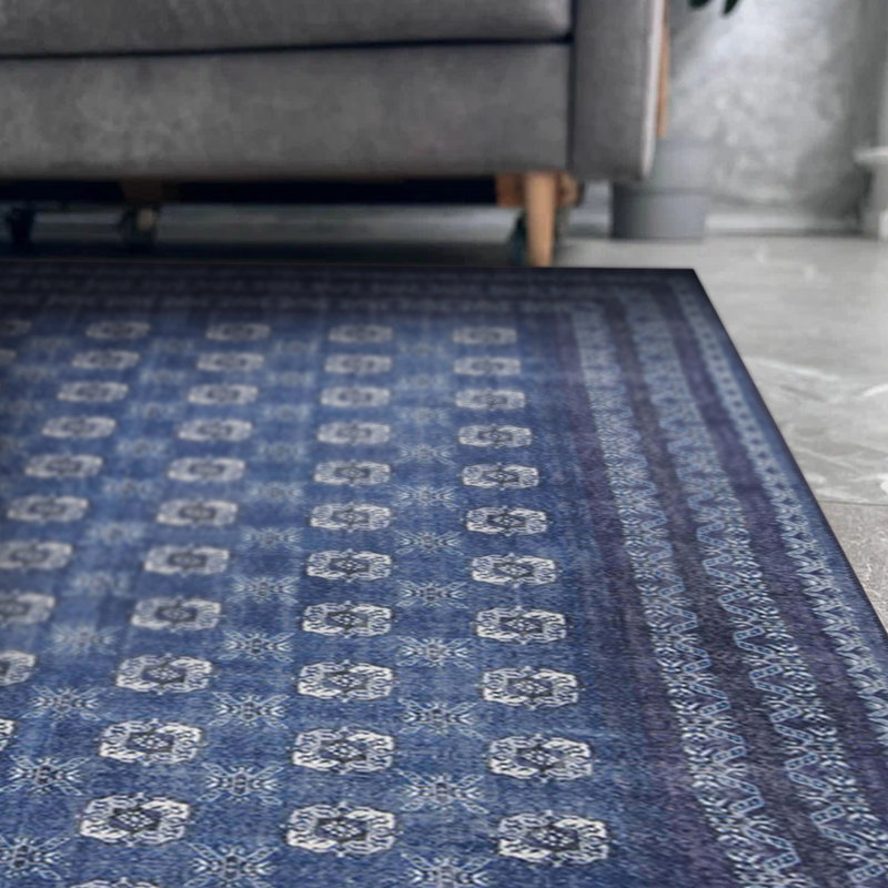 Tapis bleu marine à motif rétro tissé, Tapis de couloir 2 pi 6 po x 9 pi 11 po