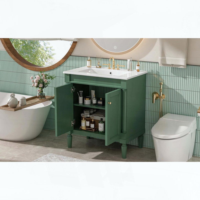 Meuble-lavabo avec lavabo en céramique, deux portes à fermeture douce, pieds en bois massif et tablette réglable, vert, Green