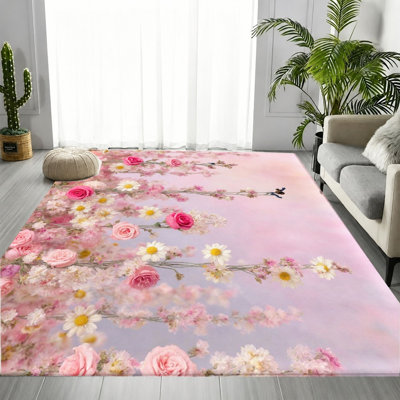 Tapis rose et blanc à motif floral rose, motif délicat de fleurs mélangées, tapis doux et durable, tapis antidérapant lavable à la machine, décoration intérieure élégante pour le salon, la chambre à coucher, l'entrée, la porte d'entrée, la cuisine, le balcon et l'appartement