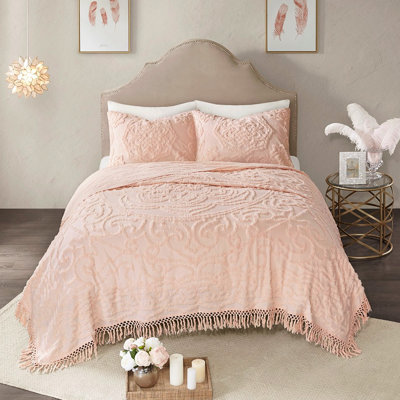 Cotton Chenille Medallion Fringe Coverlet Mini Blush Full/Queen - Alluring Shabby Chic Bedding Luxury Bedroom Choice