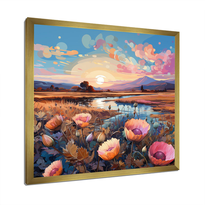 «Thistle Flower Field Sunset» sur toile, H 24 po x l 24 po x P 1 po, Cadre doré simple