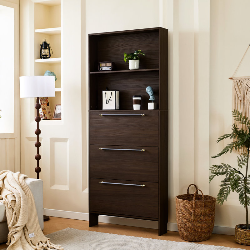 Freestanding Shoe Cabinet With 3 Flip Drawers. Hallway Storage. Solid , Walnut Finish, Metal Handles Entryway Rack Hue. Handles, Spacious Storage