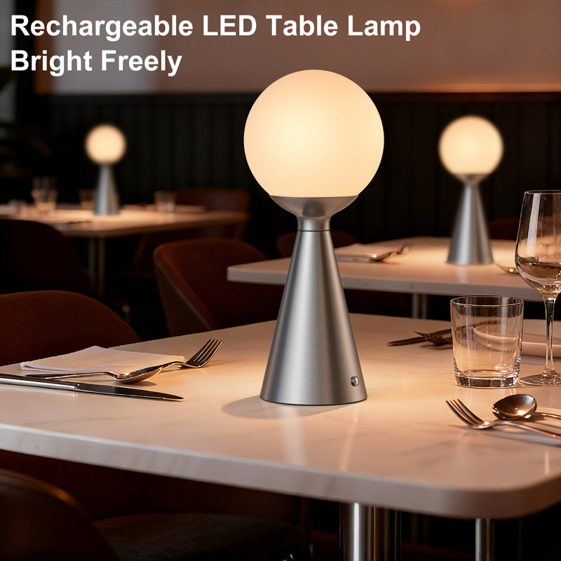 13" Modern Rechargeable Touch Led Table Lamp With Round Shade And Usb-C Charging, Polished Nickel