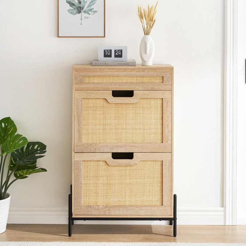 Freestanding Shoe Rack Cabinet With Flip Doors & Drawers, Oak, 2