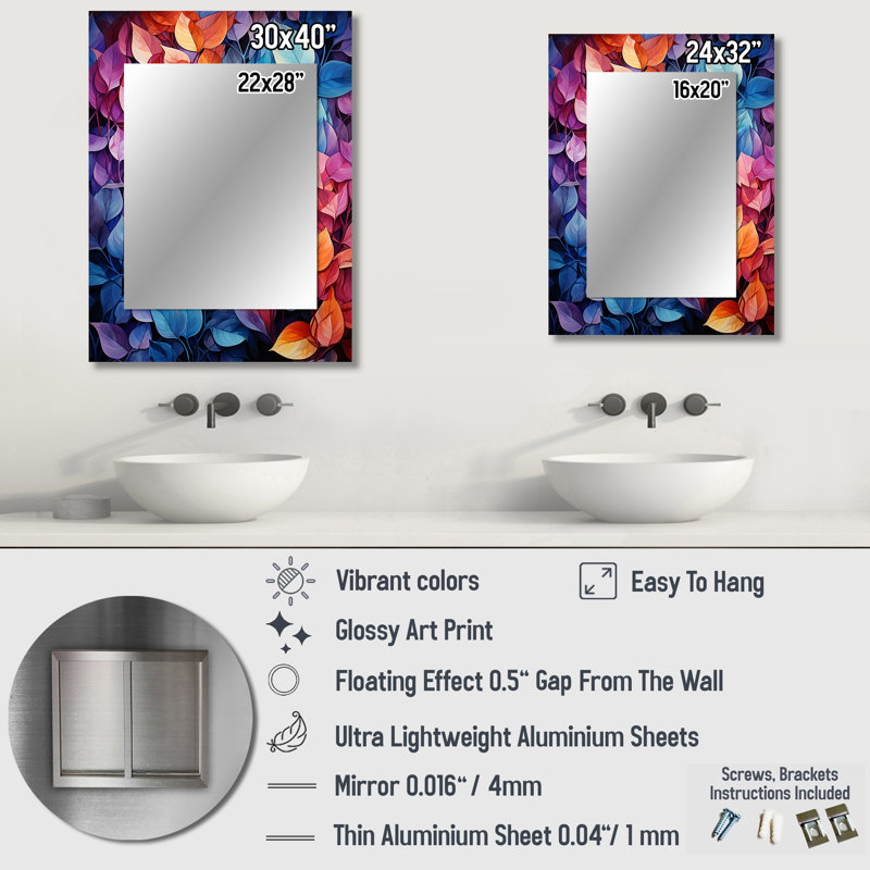 «Colorful Leaf Dreamscape - Leaves», miroir mural unique, miroir traditionnel, art imprimé en métal, 32 po x 24 po