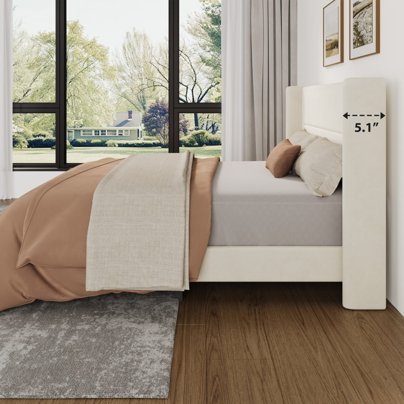Full Size Bed Frame with Wingback Headboard, Velvet Upholstered Platform Bedframe with Wood Slats, No Box Spring Needed, Easy Assembly, Beige