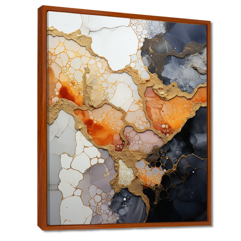 «Slab Structures Orange White» - art mural en marbre, H 20 po x l 12 po x P 1 po, Toile brune avec cadre flottant