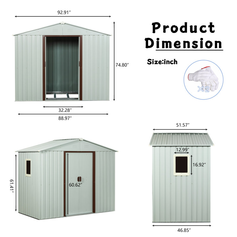 8Ft X 4Ft Outdoor Metal Storage Shed With Window And Metal Foundation White, 88.98" H x 46.85" W x 74.8" D, White