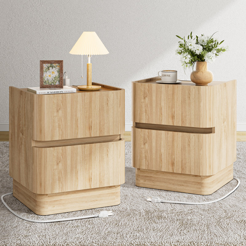 Ensemble de table de chevet 18 po avec 2 coins arrondis, table de chevet moderne avec station de charge et 2 tiroirs sans poignée pour la chambre à coucher et le salon Avenley