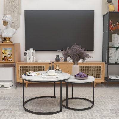 2 pièces, table basse ronde de 27,6 pouces, plateau en marbre de bois et base en métal stable, tables de bout pour le salon, le balcon de la chambre à coucher, emboîtement blanc pour 2 personnes, avec structure en forme de marbre