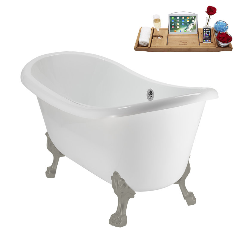 59" Streamline Clawfoot Tub,Tray,Drain, Clawfeet, Brushed Gun Metal, Polished Chrome