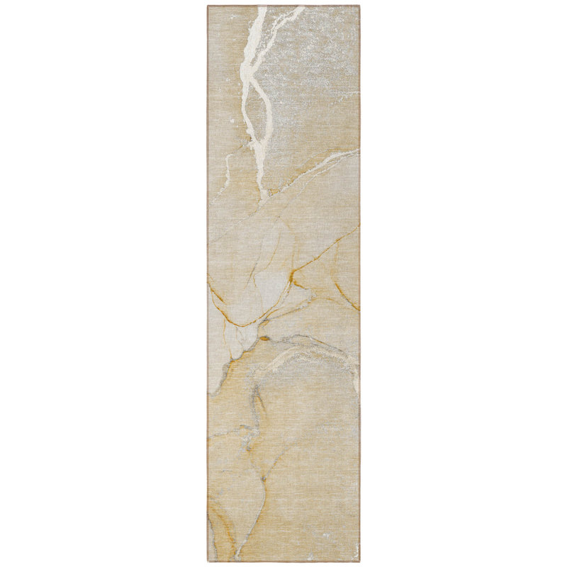 2' X 8' Beige Abstract Washable Indoor Outdoor Runner Rug
