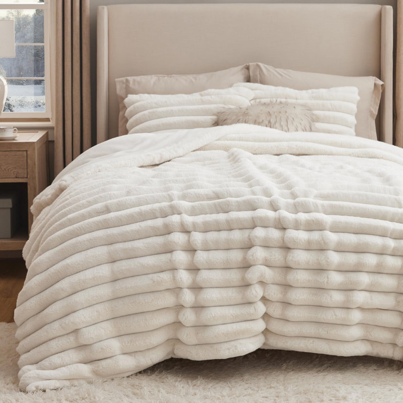 Ensemble d'édredon en fausse fourrure, Édredon grand + 2 taies d'oreiller standard, Blanc noix de coco