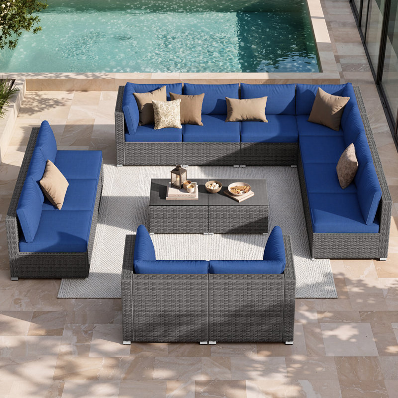 Riyonna 14-Piece Outdoor Wicker Modular Sectional Sofa Set with Tempered Glass Coffee Table and Cushions,Patio Conversation Set For Poolside,Terraces and Backyard