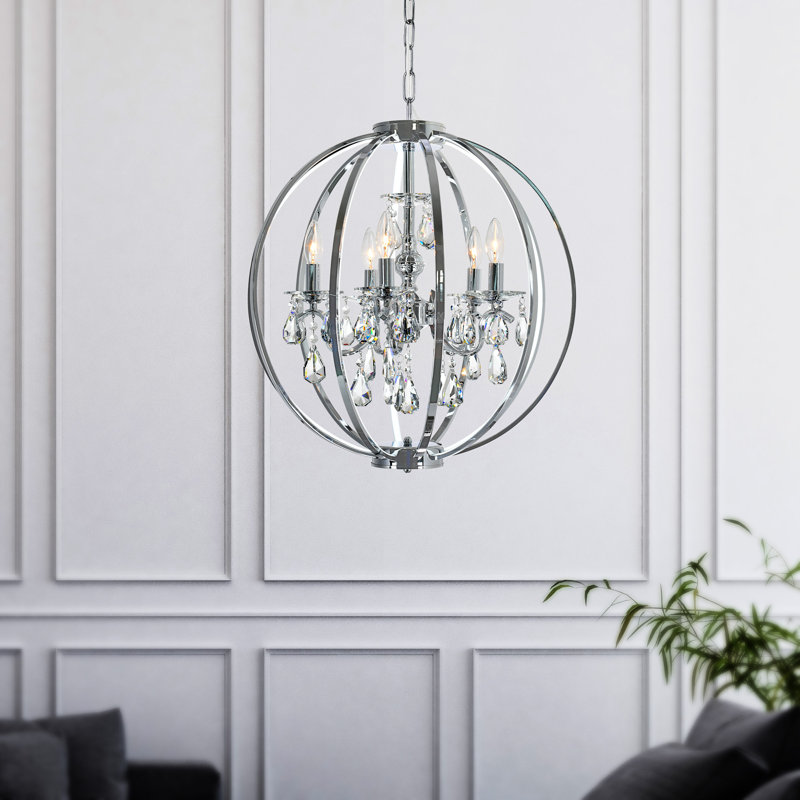 Lustre en chrome 22 po pour salle à manger, vestibule, chambre à coucher - conception de cage moderne à 5 lumières avec gouttes en cristal et base d'ampoule E12 - Compatible avec DEL, certifié BACL