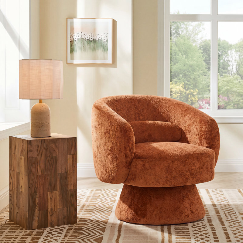 Upholstered 360° Swivel Boucle Accent Chair With  Lumbar Support, Rust Chenille