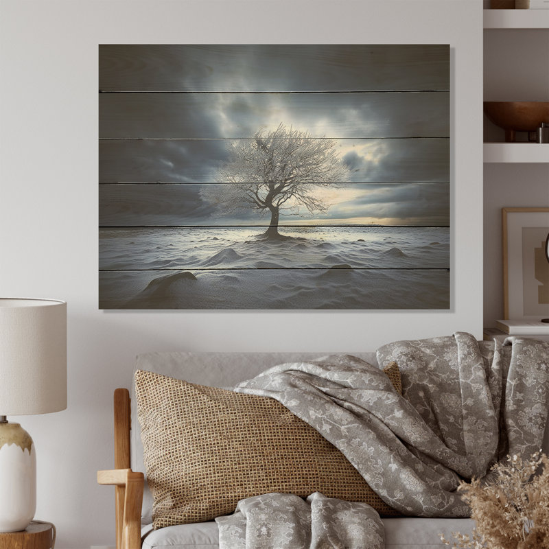 Black And White Photography Winter Tree - Tree Wood Wall Art On Natural Pine Wood, 30" H x 40" W