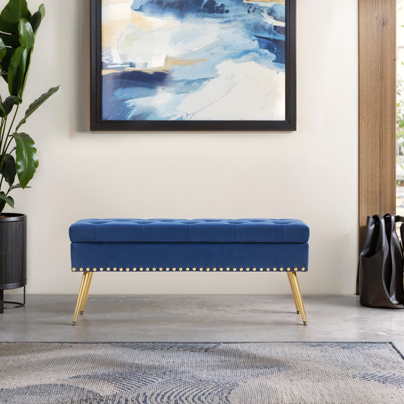 Renata Velvet Upholstered Storage Bench with Nailhead Trim, Navy