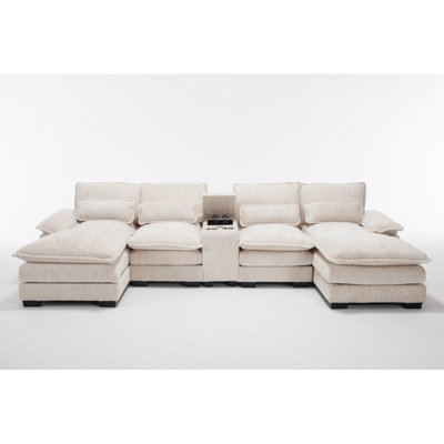 Canapé moderne en forme de U avec console, porte-gobelets et ports USB, mobilier d'intérieur symétrique rembourré à 6 places, ensemble de canapé-lit avec méridienne pour salon, appartement, beige