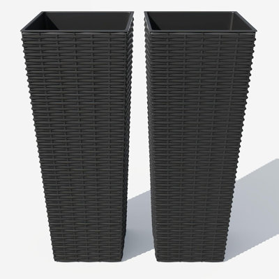 Ensemble de 2 pots à fleurs hauts pour plantes d'extérieur, pots à fleurs décoratifs 24 po avec 4 trous de drainage, grand pot à fleurs haut pour porche intérieur ou extérieur pour patio, jardin, maison, noir, avec plateau