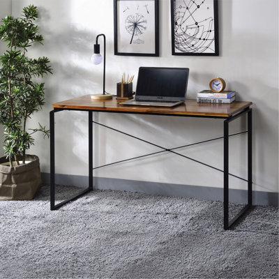 Metal Frame Writing Desk 1Pc Wooden Home Office Furniture Oak And Black Finish Laptop Table