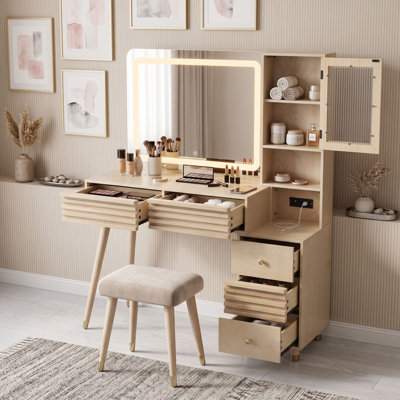 Meuble-lavabo moderne avec miroir à DEL 3 couleurs, armoire en verre cannelé, grand rangement et station de charge
