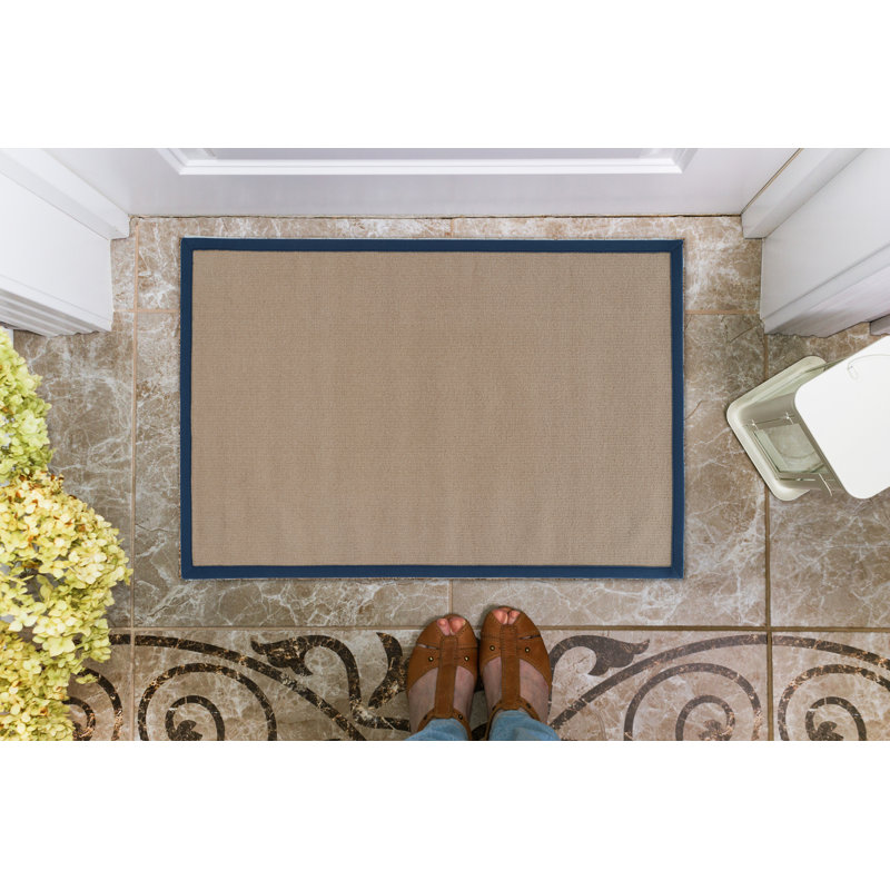 Nannette Handmade Dark Beige Berber with Navy Blue Cotton Border Made in the USA Area Rug, Rectangle 1'10" x 2'10"