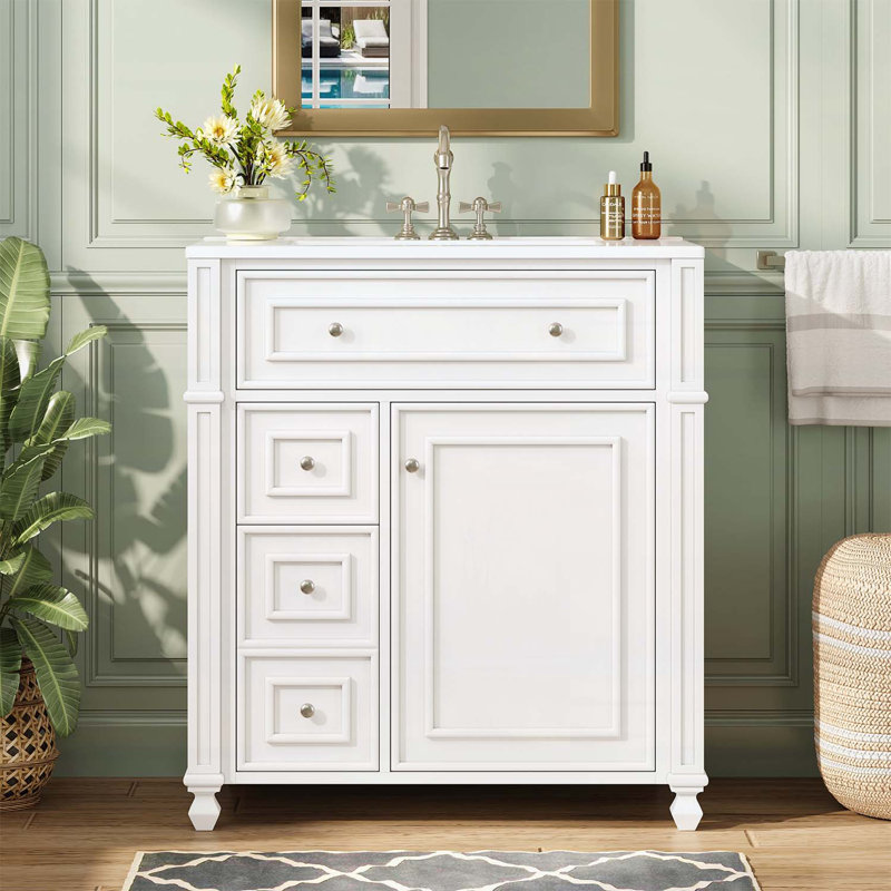 Meuble-lavabo de salle de bain avec lavabo en céramique, pour un rangement efficace, Blanc