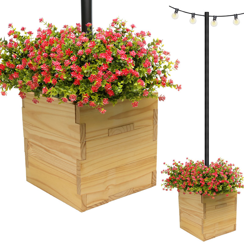Union Rustic Ilerioluwa Wooden Planter Box with String Light Pole Insert, Classic Stacked Panel Design, Weather-Resistant Finish, Wood Planter Boxes Outdoor, Wooden Planters with Integrated Drainage